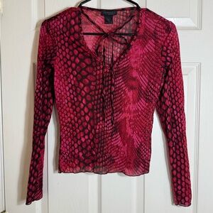 Express‎ Y2K Sheer Mesh Snake Print Tie Front Long Sleeve Top Sz S Vintage